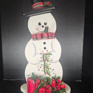 Gorgeous 21" Tall Handmade And Tole Painted Jolly Wood Snowman With Presents